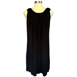LONDON TIMES womens black sleeveless mini dress with ruffle detailed neckline